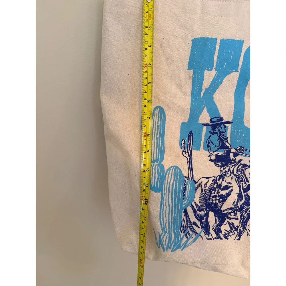 KCRW Santa Monica Route 66 Cowboy Canvas Tote Bag Blue Cream Western Graphic